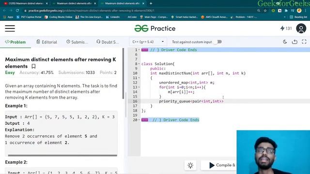 Maximum distinct element after removing k elements | Priority Queue | Divyanshu | GeeksforGeeks смотреть онлайн