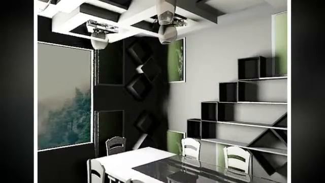 дизайн темной кухонной мебели со светлой столешницей, черно-белыми полками, темными обоями смотреть онлайн