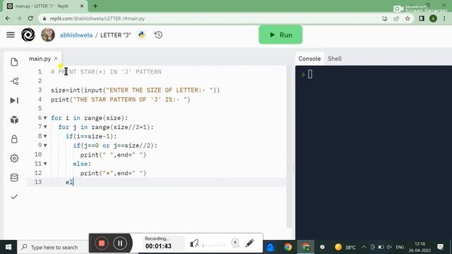 PYTHON PATTERN PROGRAM || PRINT STAR("*") IN LETTER 'J ' PATTERN смотреть онлайн