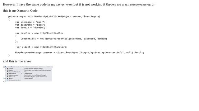 Sharepoint client.PostAsync("Url", null) Gets 401 unauthorized error REST API Xamarin.Forms смотреть онлайн