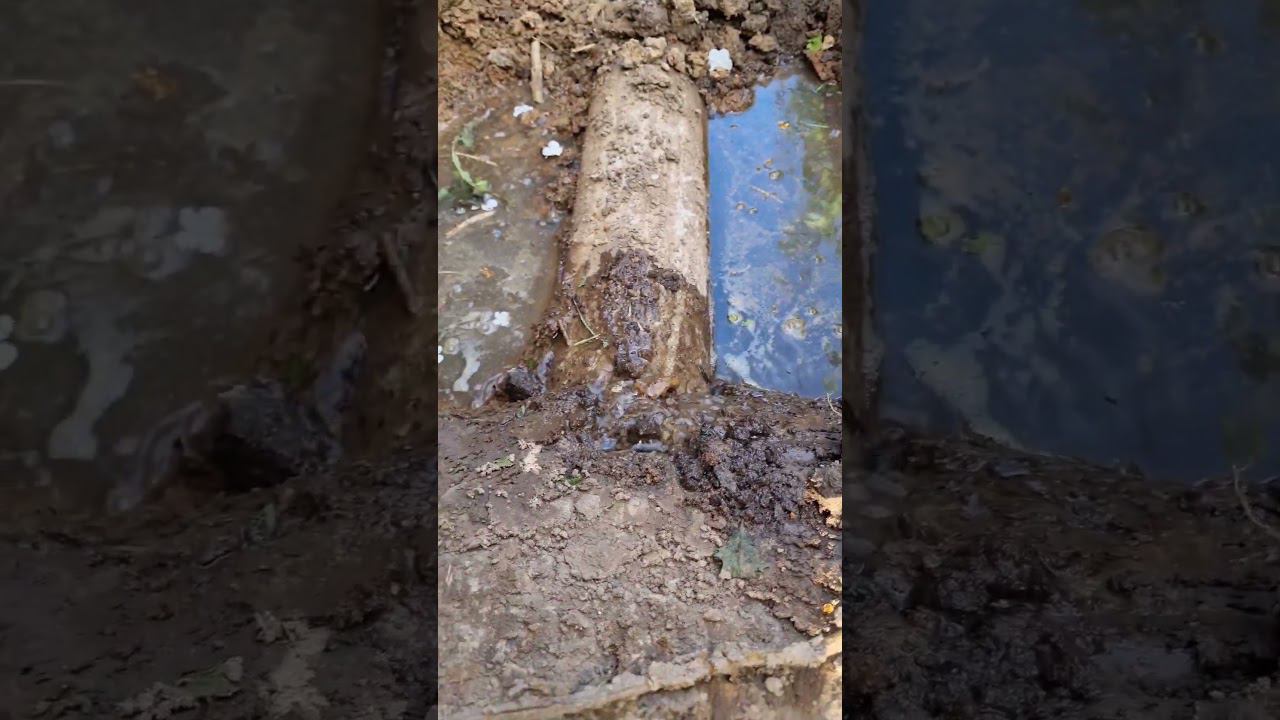 По трубе течет вода для полива, в этом месте стык труб, когда то заливали бетоном #дача #огород