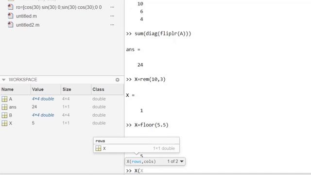 شرح ماتلاب استخدام (sum,diag,fliplr,rem,floor,ceil,fix,round,rand,ones,zeros) (2) смотреть онлайн