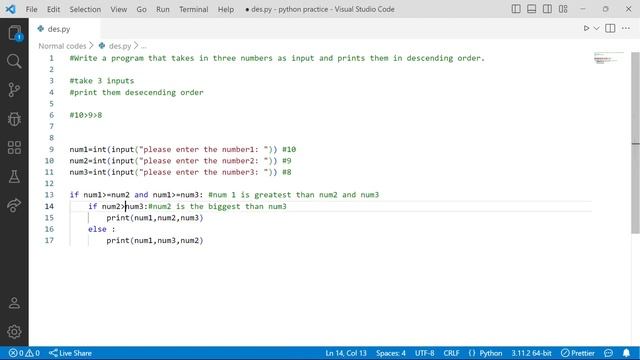 print the numbers in Descending Order | Python IF ELSE logical problem explained | In Telugu #pytho смотреть онлайн