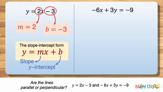 Are the Lines “𝑦 = 2𝑥 – 3” and “–6𝑥 + 3𝑦 = –9” Parallel or Perpendicular? | Step-by-Step Algebra смотреть онлайн