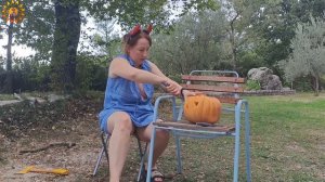 Halloween pumpkin. Preparing for Halloween. Mila naturist.