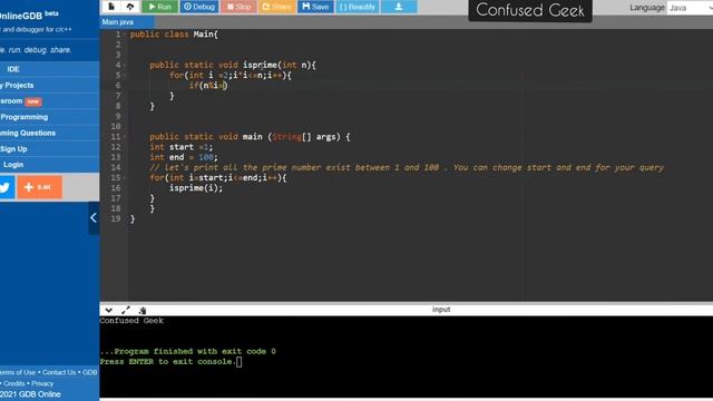 java program to print prime numbers in a given range (1 to 100 coded ) смотреть онлайн