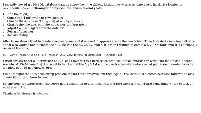 Ubuntu: MyISAM problem after moving datadir of a MySQL database смотреть онлайн