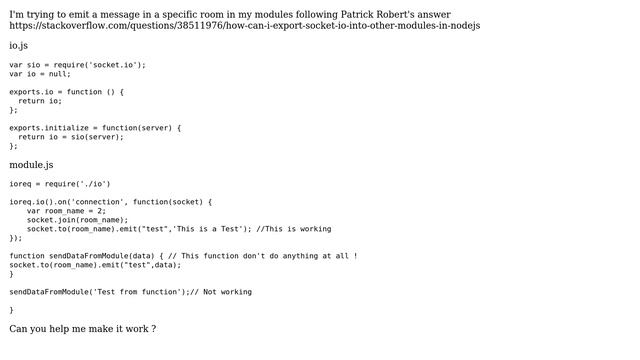 NodeJs + Socket.io : io.to from module смотреть онлайн