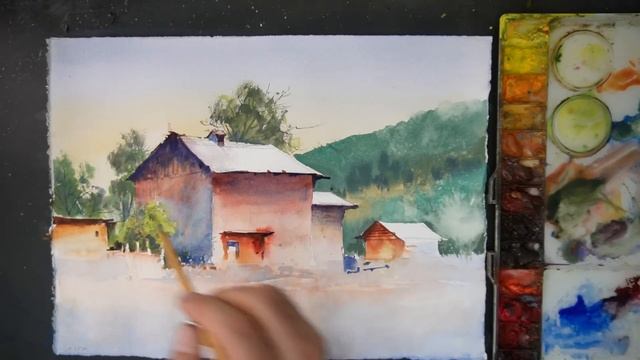 Watercolor painting tutorial - Village Scene смотреть онлайн