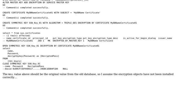 Decryption not working when SQL Server database copied to new server смотреть онлайн
