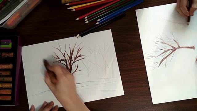Рисуем дерево в зимнем лесу цветными карандашами. Уроки рисования Птички-Невелички.