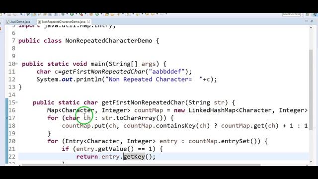 Write a java program to find first non repeated character in String in java? смотреть онлайн