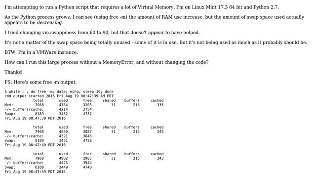 Linux Mint: Python process gets "MemoryError" before swap is even close to fully used смотреть онлайн