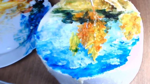 Украшение торта живописью - пишу картину кремом. Осенний пейзаж на торте смотреть онлайн