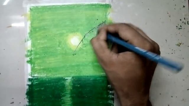 Green Sunset Scenery Drawing with Oil Pastels for Beginners - step by step смотреть онлайн