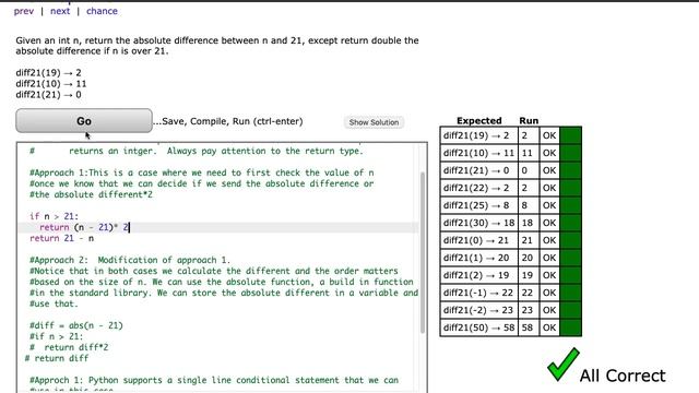 CodingBat - diff21 (Python) смотреть онлайн