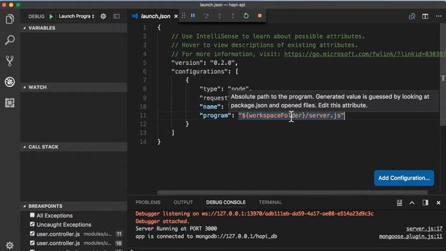 Debugging HapiJs App in VS Code смотреть онлайн