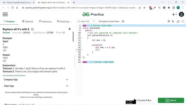 Replace all 0's with 5 || GEEKSFORGEEKS SOLUTION || 100% Test Cases Passed || gorakhcodes смотреть онлайн