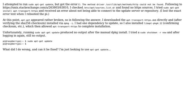 Raspberry Pi: Updated apt-transport-https, now `sudo apt-get update` doesn't return any information смотреть онлайн