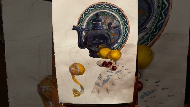 #картина #акварель #натюрморт #искусство #чайник #лимоны #рисование #живопись смотреть онлайн
