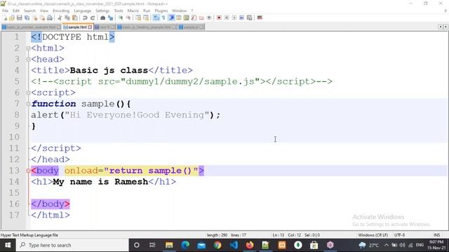 JAVASCRIPT tutorials  Demo - 4  by Mr. Ramesh On 15-11-2021 8:30PM IST