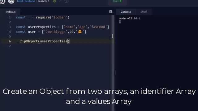 Create an Object from two arrays with an identifier Array and a values Array using Lodash смотреть онлайн