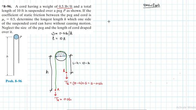 A cord having a weight of 0.5 lb/ft and a total length of 10 ft is suspended over a peg P as shown. смотреть онлайн