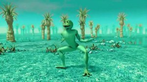 Разноцветный зелёный человек танцует.