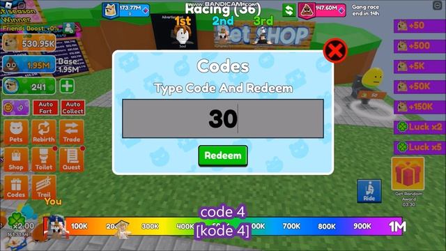 NEW UPDATE CODES [?Huge Pet] Fart Race ROBLOX | ALL CODES | May 20, 2023 смотреть онлайн