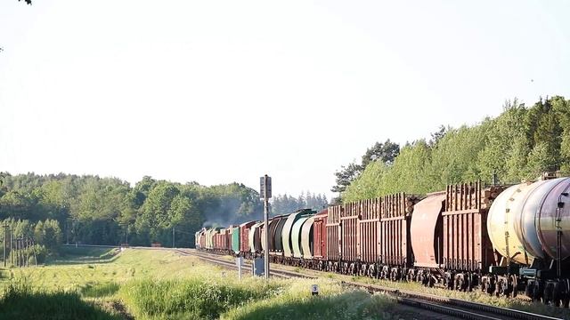 Тепловоз 2ТЭ10МК-3570 с грузовым составом на перегоне Могилёв-1/Лотва смотреть онлайн