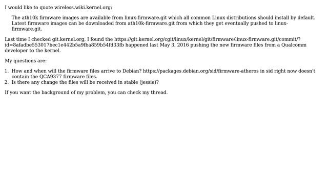Push firmware files in ath10k to Debian firmware-atheros смотреть онлайн