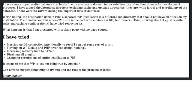 Wordpress: WP white screen of death after duping a site that works fine on same server смотреть онлайн