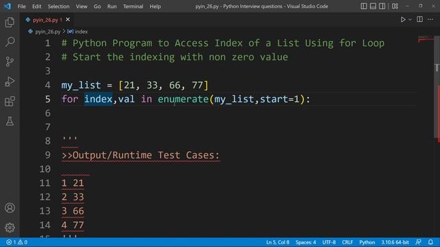 Python Program to access index of a list using for loop смотреть онлайн