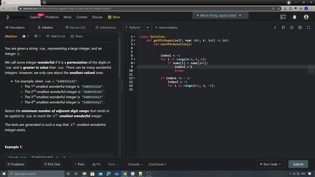 LeetCode 1850. Minimum Adjacent Swaps to Reach the Kth Smallest Number смотреть онлайн