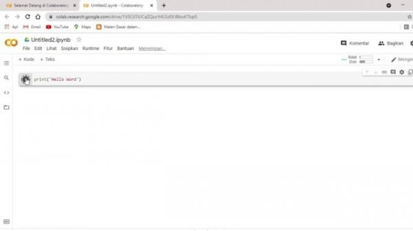 menjalankan program python (hello word) pada jupyter notebook dan google colab | Kecerdasan Buatan