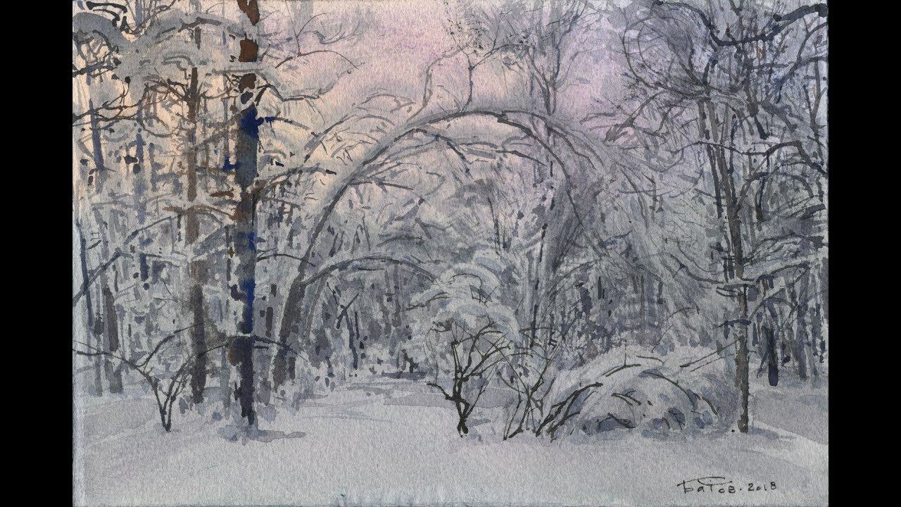 Сумеречный контражур заснеженного леса акварелью смотреть онлайн