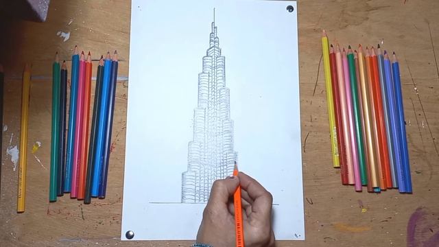 How To Draw Burj Khalifa (Dubai) Step By Step For Beginners | Burj Khalifa Sketch | Rj Color Drawin