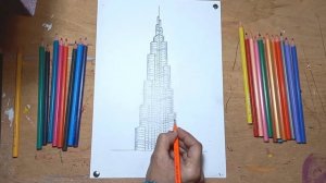 how to draw Burj Khalifa (Dubai) step by step for beginners | Burj Khalifa sketch | rj color drawin