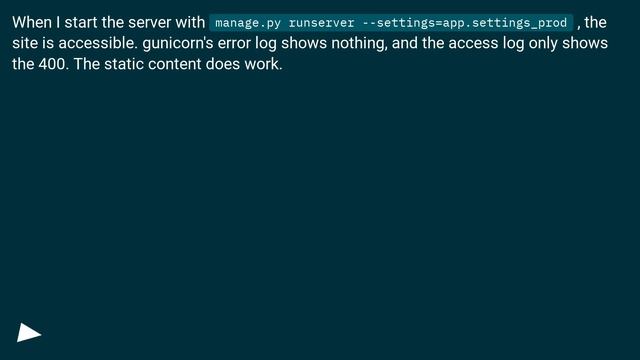 Django + Gunicorn + Nginx: Bad Request (400) in Debug=True смотреть онлайн