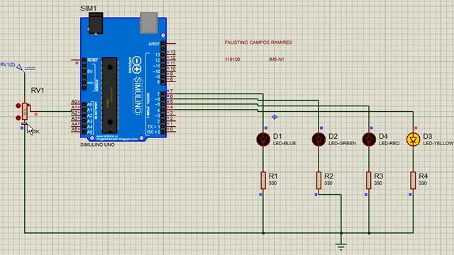 Simulación con Proteus, Arduino + potenciómetro + 4 leds. смотреть онлайн
