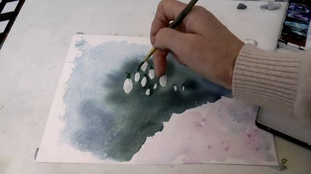 Подснежники акварель. Используем соль.Snowdrops in watercolour. смотреть онлайн