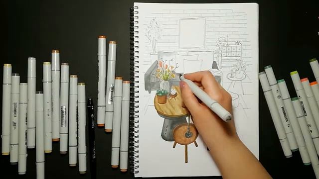 Рисуем интерьер гостиной в серых тонах. Interior sketching. смотреть онлайн