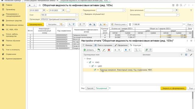 Отчет "Оборотная ведомость по НФА" в разрезе КФО и ЦМО в программе "1С: БГУ 8, редакция 2.0" смотреть онлайн