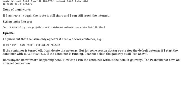 Unix & Linux: Cannot delete default gateway, when docker container is running смотреть онлайн