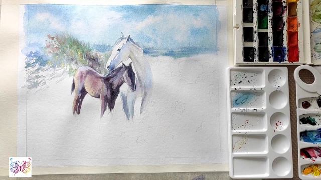 Watercolor. Horses in watercolor. Summer. АКВАРЕЛЬ. Лошади акварелью. Летний пейзаж. На лугу. смотреть онлайн