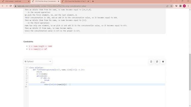 Leetcode Weekly Contest 332 | Find the Array Concatenation Value | Python смотреть онлайн