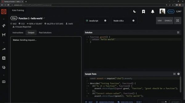 Codewars 8 kyu Function 1 - Hello World Javascript
