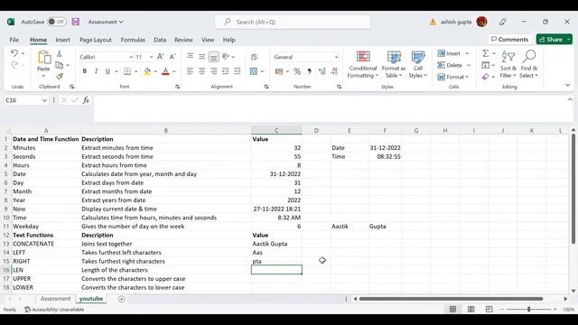 Date And Time, Data Type And Text Functions In Excel Ft.@aastikandsayona