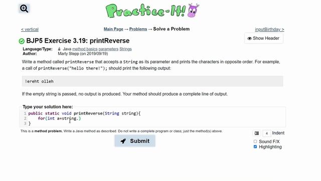 Java Practice It || 3.19 printReverse || method basics, parameters, Strings, .length() / .charAt() смотреть онлайн
