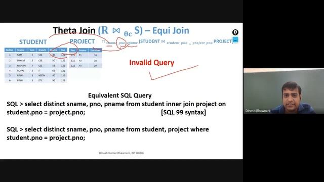 Cross, Theta (Equi and Non-Equi) and Natural Join in relational algebra | Dinesh Bhawnani | BIT DUR смотреть онлайн